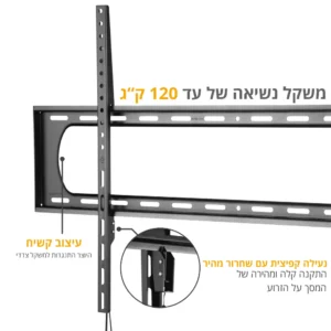 מתקן צמוד למסכים שחור למסך קיר בגודל 120 אינץ' עם הדלתא הבעלת מנעול מהוספה למעלה מראה את מנגנון הנעילה.