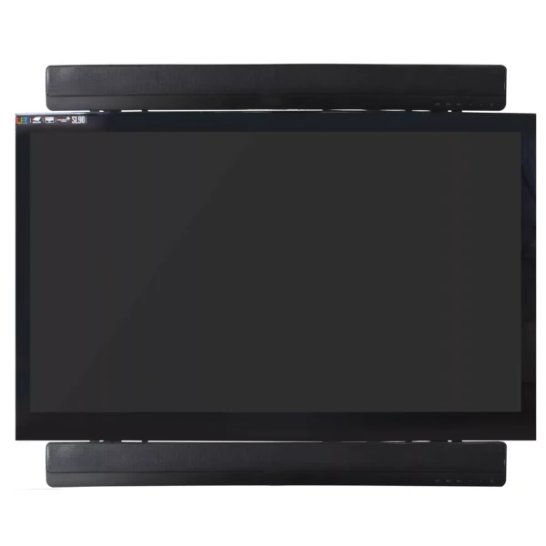 טלוויזיה בעלת מסך שטוח עם שני רמקולים צמודים, אחד מלמעלה ואחד מלמטה, יושבת על תושבת סאונד בר לזרועות וטלויזיות אלגנטית. מסך הטלוויזיה כבוי.