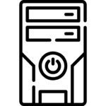 ציור קו בשחור-לבן של מגדל מחשב עם שני תאי כונן וכפתור הפעלה.