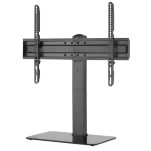מעמד אוניברסלי למסכים עד 70" עם בסיס זכוכית שהוא שחור ומתכוונן עם סוגרים אנכיים להתקנה עבור טלוויזיות פלטות, מתאים למסכים עד 70".