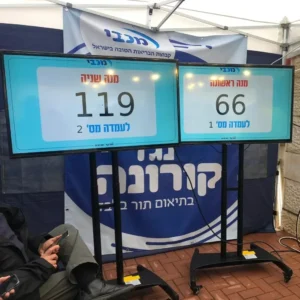 שני מסכים דיגיטליים, מותקנים על עגלה ניידת לגודל מסך עד "75, מציגים את תוצאות הבחירות מתחת לאוהל: המסך השמאלי מציג 119 הצבעות עבור 'יד אליהו כולם' ובמסך הימני 66 קולות עבור 'מנה ראשונה'. אנשים יושבים. סָמוּך.