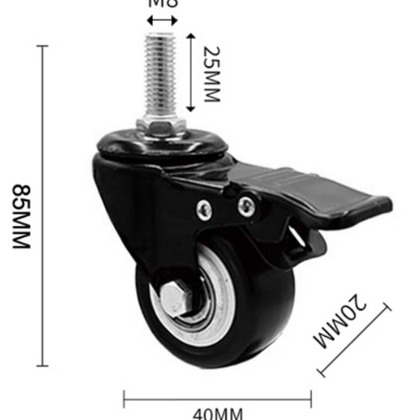 הכירו את הגלגלים ננעלים M8x25, גלגל גלגלים מסתובב שחור במידות של 85 מ"מ גובה, 40 מ"מ רוחב, וקוטר גלגל של 20 מ"מ. הוא כולל גזע הברגה (M8x25) ומצויד בדוושת בלם ננעלים לנעילה מאובטחת.