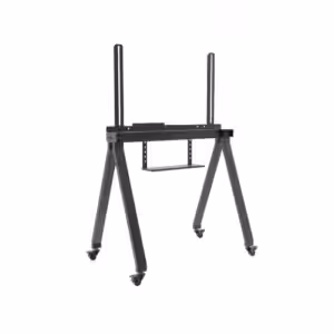 עגלה ניידת עם גלגלים ננעלים למסכים עד 75", מסגרת מתכת שחורה עם ארבע רגליים ושני עמודים לתלייה, מוצגת על רקע לבן.