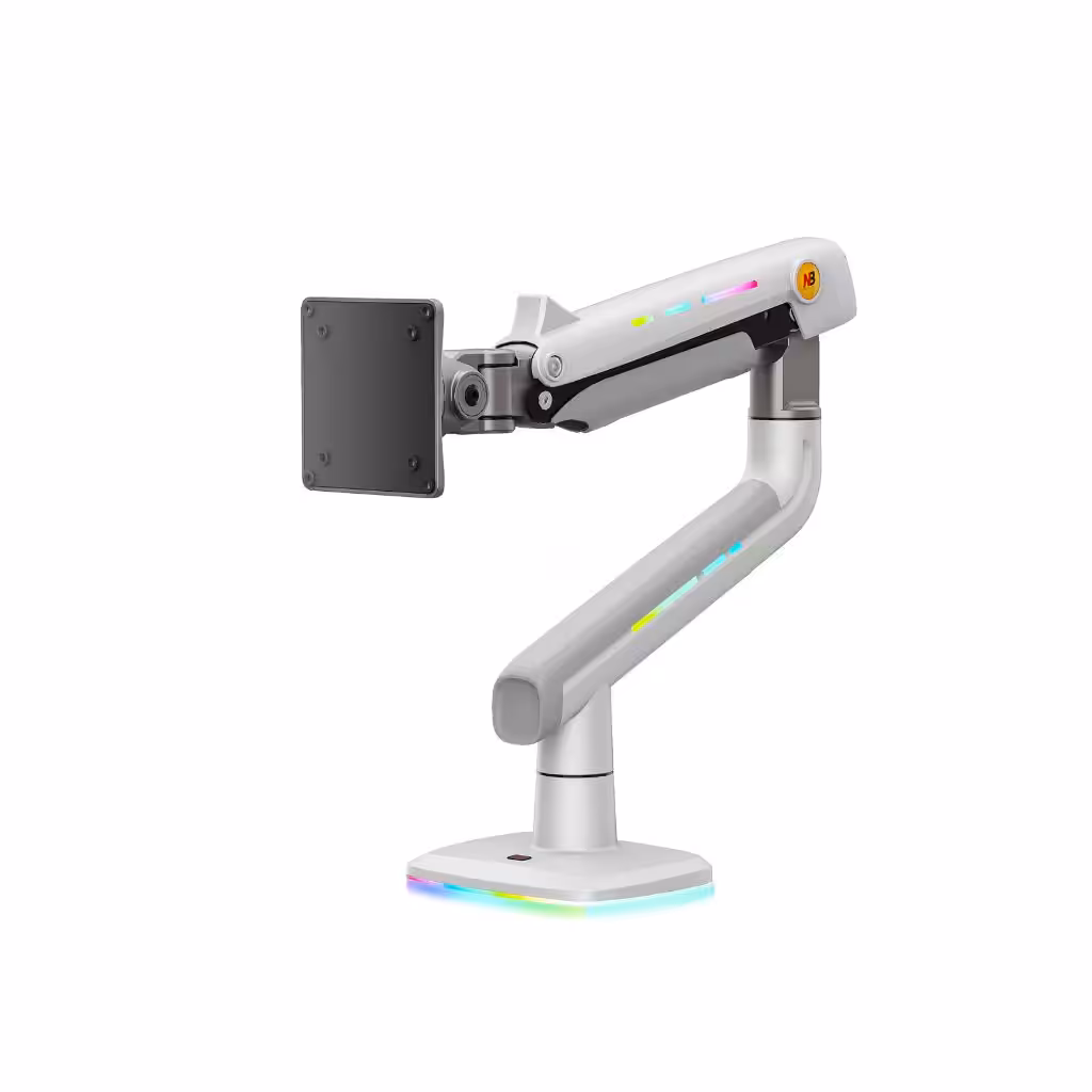 זרוע למסך גיימינג לבנה עם נגיעות תאורה RGB על הזרוע והבסיס, מושלמת לשדרוג מערכת הגיימינג שלכם, מוצגת על רקע לבן חלק.